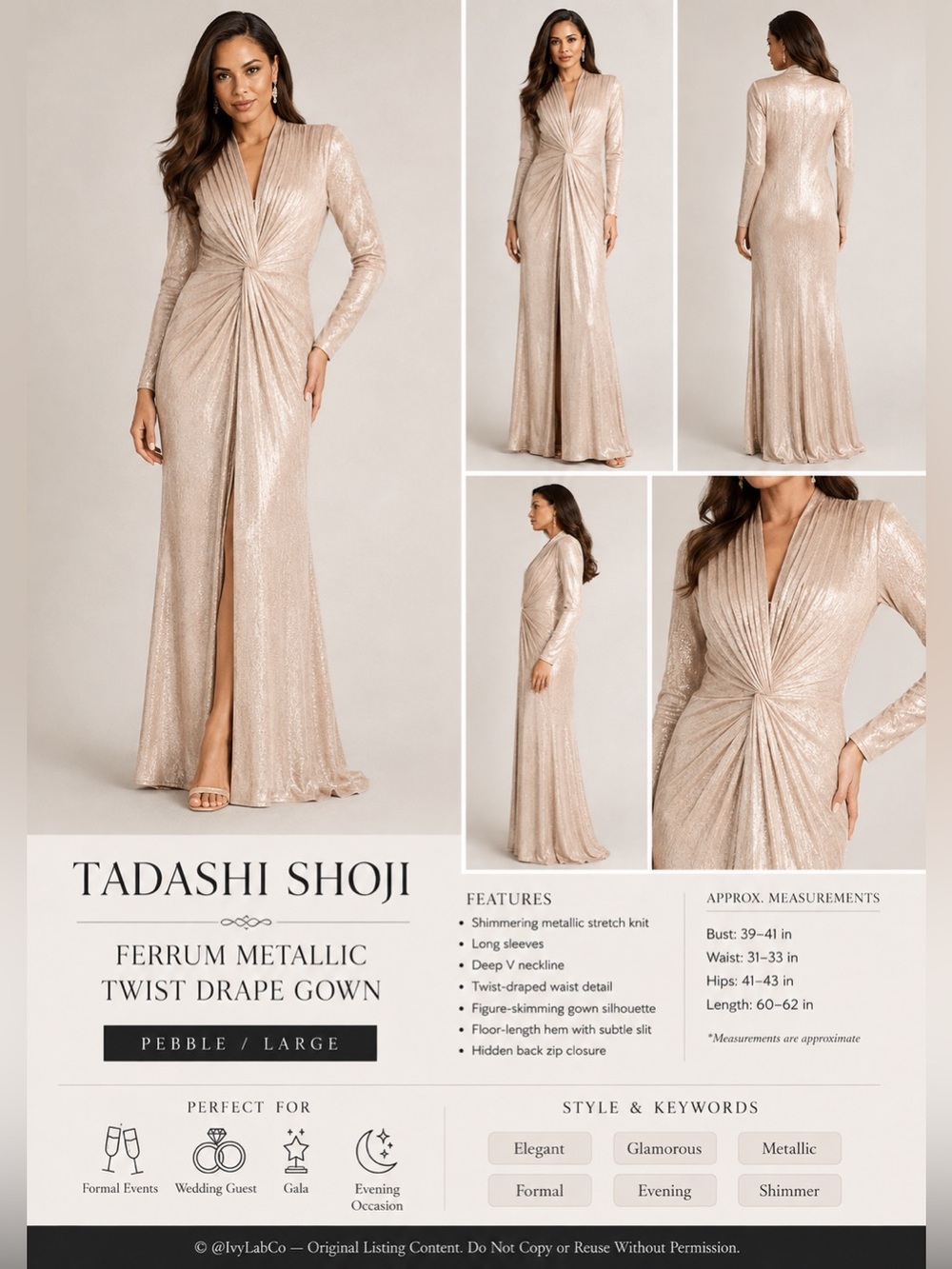 Tadashi Shoji Ferrum Metallic Twist Drape Gown Pebble Long Sleeve Size Large
